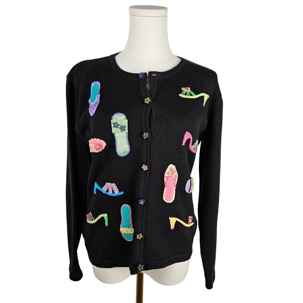Talbots Petites Small Black Cardigan Beaded Embroidered Sandal Beach Vintage